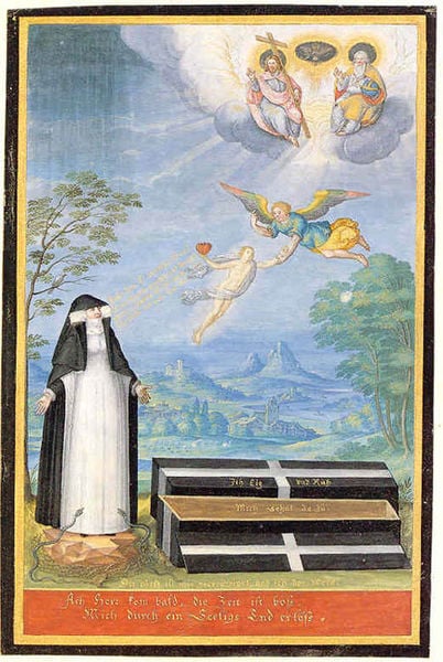 Anna Maria Gräfin von Solms, den Tod ihres Gatten betrauernd. by Friedrich Brentel. 1635. Motifs recorded: nonne, sarg, engel, gott, kreuz, jesus, himmel, herz.