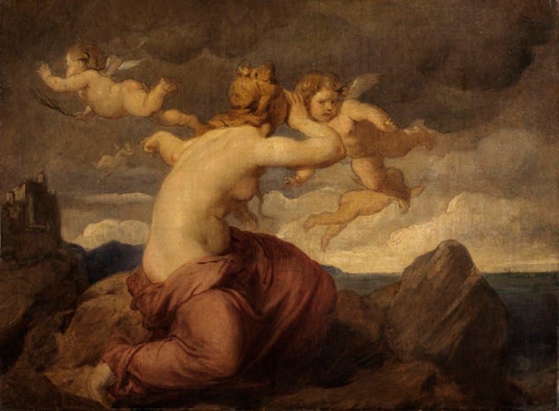 Allegorie der Telegraphie. by Hans Canon. 1863. Motifs recorded: engel, meer, frau, wolken, burg, nackt, clouds, angels.
