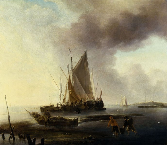 Fischerboot am Strand. by Jan van de Cappelle. 1653. Motifs recorded: clouds, boat, ship, water, sky, sea, sail, sails.