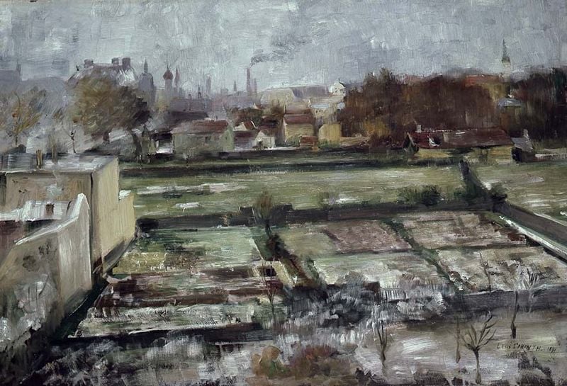 Blick aus Münchner Atelier. by Lovis Corinth. 1891. Motifs recorded: stadt, häuser, kirche, gärten, garten, landschaft, schornstein, bäume.