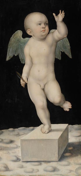 Amor mit dem Pfeil. by Lucas Cranach (Werkstatt). 1620. Motifs recorded: flügel, engel, nackt, hand, sockel, kind, amor, putte.