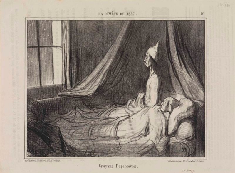 Croyant l'apercevoir (La Comète de 1857, Blatt 10). by Honoré Daumier. 1857. Motifs recorded: bed, window, man, night, woman, curtain, drawing, pillow.