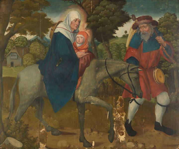 Flucht der Heiligen Familie nach Ägypten, verso: Die Heiligen Bischöfe Hieronymus und Nikolaus. by Deutscher Meister. 1501–1534. Motifs recorded: horse, jesus, child, mary, house, man, blue, joseph.
