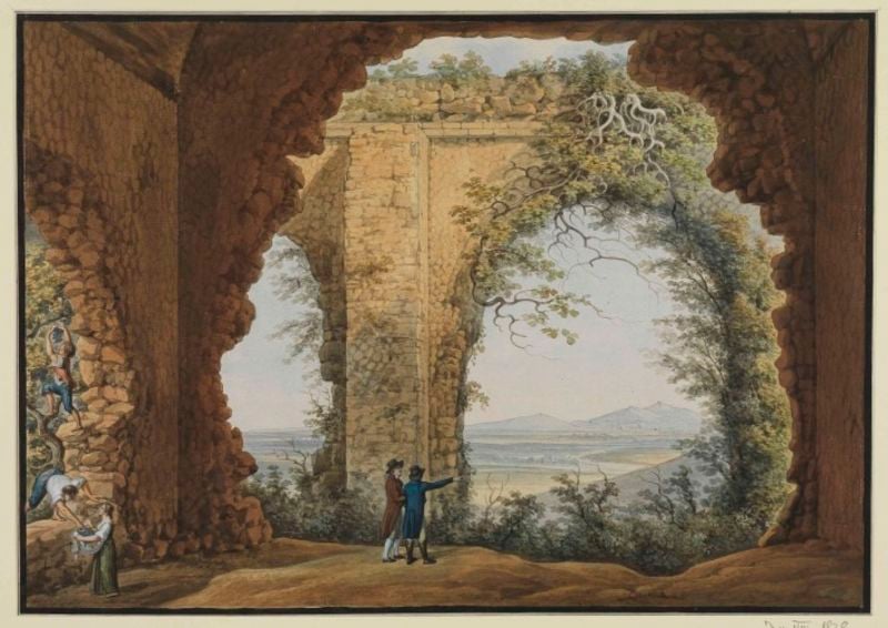 Blick aus der Villa des Maecenas auf Monte Cavo und Rocca di Papa. by Abraham Louis Rodolphe Ducros. 1780–1789. Motifs recorded: ruine, landschaft, menschen, berge, männer, steine, braun, frau.