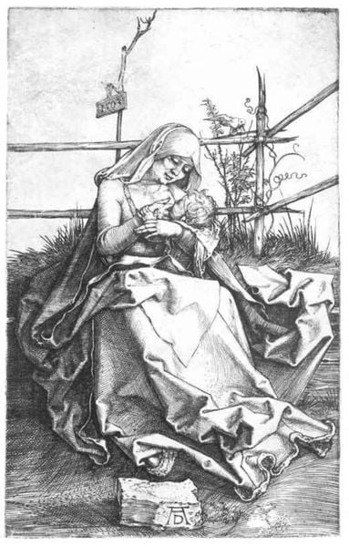 Madonna lactans auf der Rasenbank. by Albrecht Dürer. 1503. Motifs recorded: baby, child, fence, woman, kind, dürer, dürer, grass.