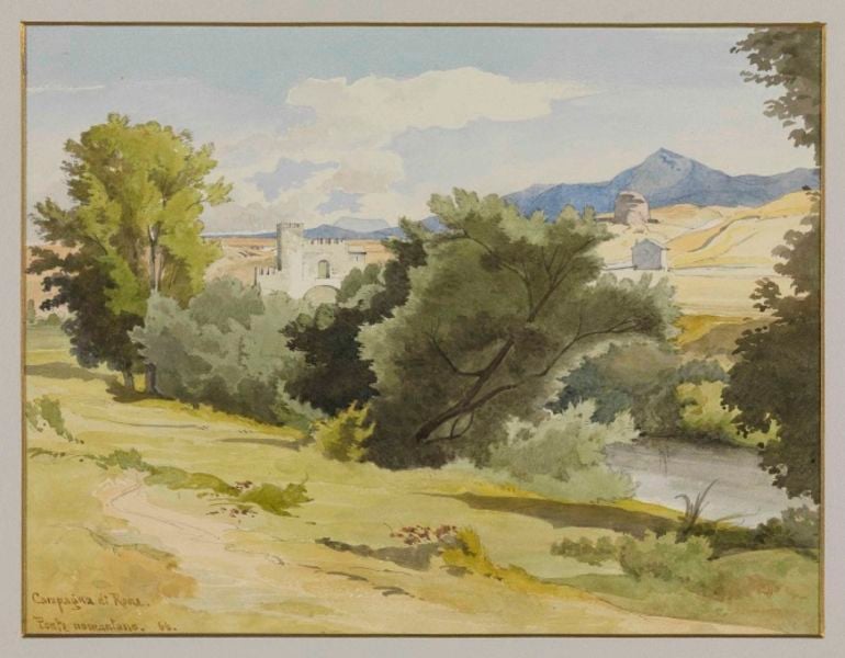 Campagna di Roma mit Ponte nomentano. by Josef Wilhelm Durm. 1866. Motifs recorded: landschaft, berg, bäume, fluss, wolken, himmel, grün, wiese.