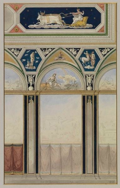 Wanddekoration aus der Villa Farnesina zu Rom. by Josef Wilhelm Durm. 1866. Motifs recorded: säulen, ochsen, wagen, wand, bogen, stiere, vorhang, stier.
