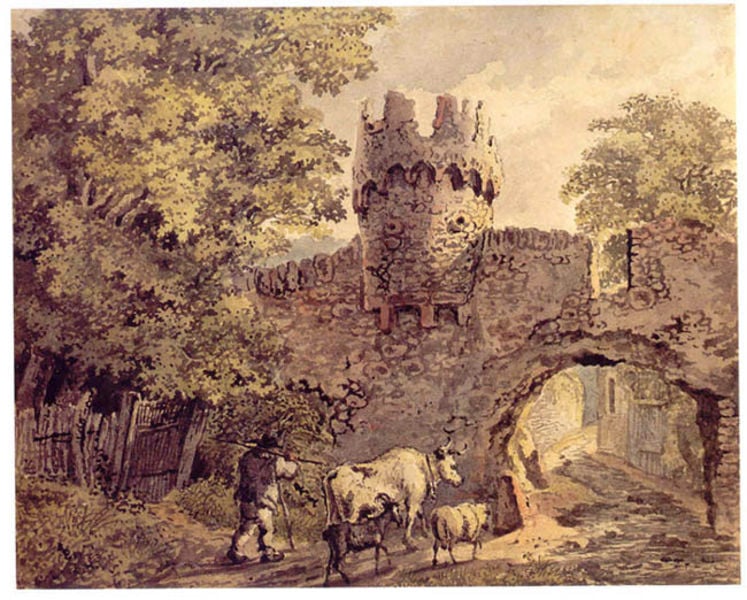 Das Franzosenloch in Leimen. by Karl Philipp Fohr. Motifs recorded: cow, castle, goat, tree, fence, trees, man, road.