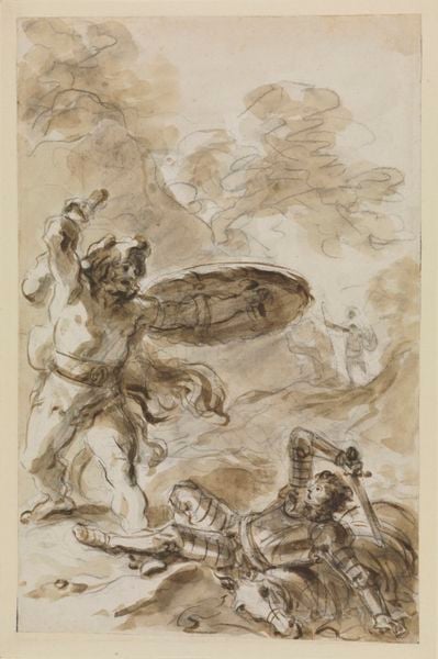 Das Traumgesicht des Ruggiero: Bradamante wird von einem Riesen im Kampf zu Boden geworfen. by Jean Honoré Fragonard. 1780. Motifs recorded: kampf, schild, schwert, rüstung, pferd, keule, zeichnung, ritter.