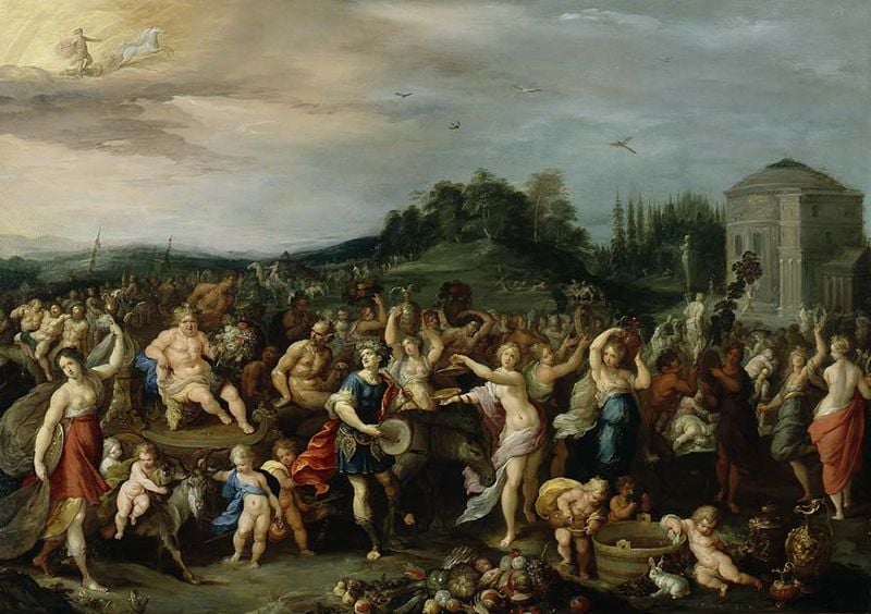 Der Triumphzug des Bacchus. by Frans Francken (1581). 1616–1618. Motifs recorded: menschen, himmel, tempel, vögel, kinder, hase, männer, frauen.
