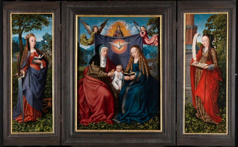 Anna Selbdritt-Triptychon. by Meister von Frankfurt. 1510. Motifs recorded: engel, taube, maria, jesus, altar, schwert, gott, buch.
