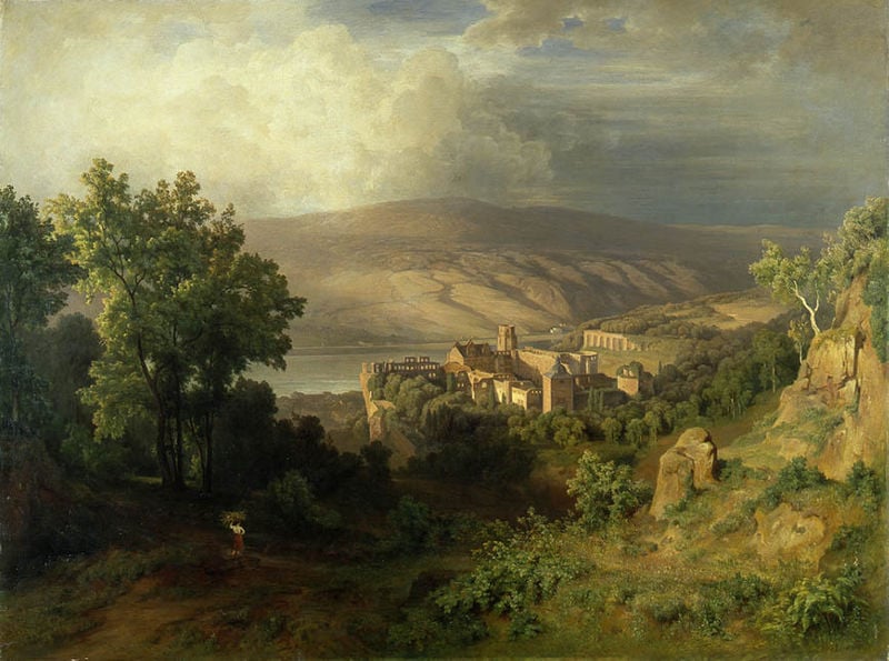 Blick auf Heidelberg. by Bernhard Fries. 1863. Motifs recorded: landschaft, fluss, wolken, ruine, burg, himmel, bäume, frau.