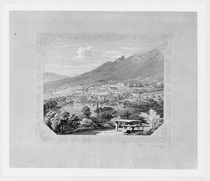 Blick von Süden auf Baden-Baden. by Karl Ludwig Frommel. 1837. Motifs recorded: landschaft, bank, tisch, bäume, kirche, stadt, berg, wolken.