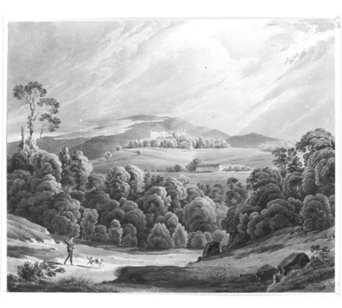 Landschaft mit der Ruine Hochburg bei Emmendingen. by Karl Ludwig Frommel. 1830. Motifs recorded: hund, landschaft, jäger, wald, himmel, bäume, hügel, wolken.