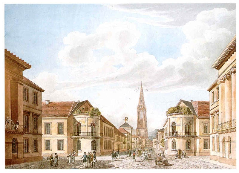 Blick von der Zähringer Vorstadt in die Stadtmitte von Freiburg. by Karl Ludwig Frommel. 1825. Motifs recorded: stadt, häuser, kirche, menschen, wolken, himmel, fenster, platz.