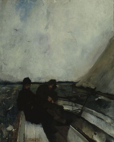 Die Maler Leibl und Sperl im Segelboot. by Rudolf Hirth du Frênes. 1875. Motifs recorded: boat, sea, sky, men, black, water, birds, white.