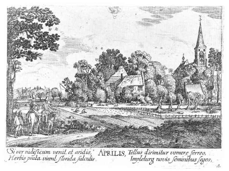 April. by Wenzel Hollar. Motifs recorded: kirche, reiter, bäume, pferde, april, dorf, himmel, zaun.