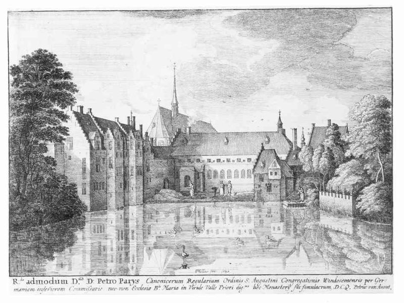 Abtei Groenendael (kleine Ansicht). by Wenzel Hollar. Motifs recorded: spiegelung, see, bäume, turm, kirche, wolken, druck, grafik.