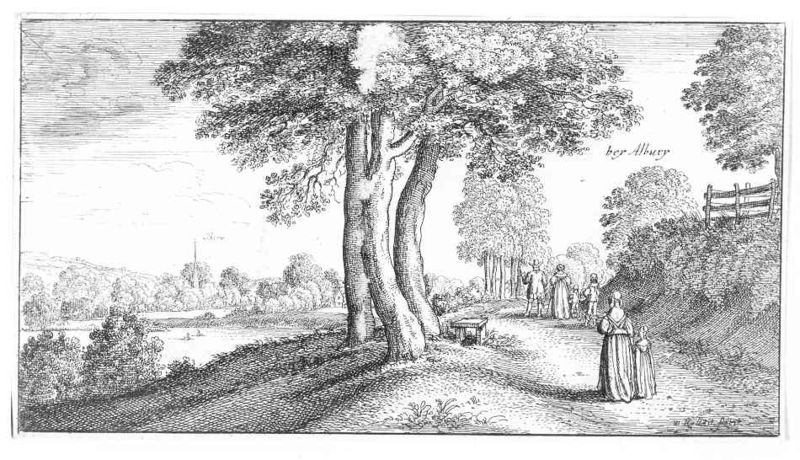 Albury. by Wenzel Hollar. Motifs recorded: zaun, bäume, frau, weg, kind, bank, fluss, baum.