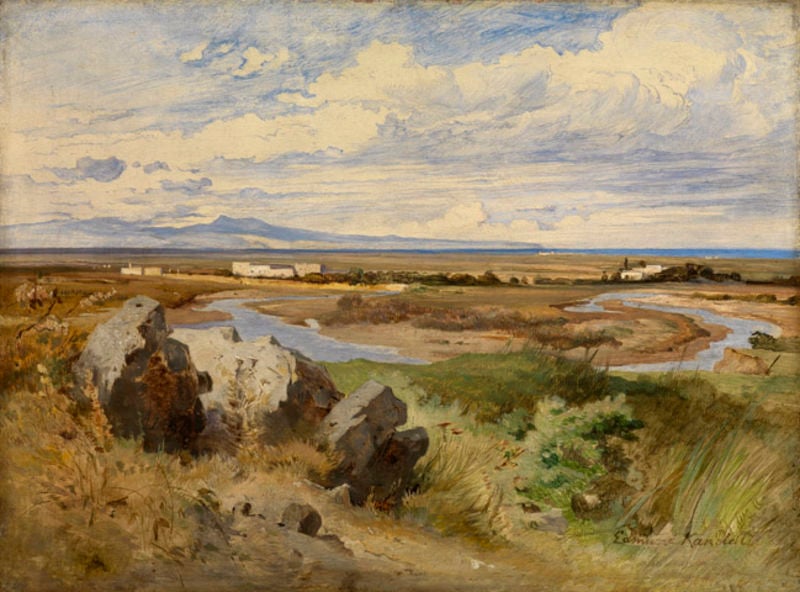 Blick auf den Campo d' Annibale bei Cannae. by Edmund Friedrich Kanoldt. 1874. Motifs recorded: landschaft, fluss, wolken, himmel, felsen, blau, häuser, berge.