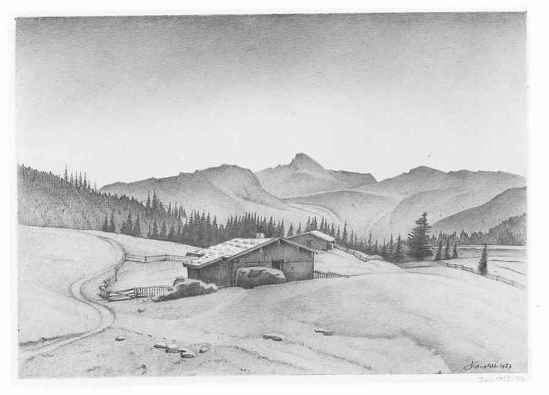 Winkelmoos-Alm I. by Alexander Kanoldt. 1937. Motifs recorded: berge, weg, zaun, hütte, wald, landschaft, steine, tannen.
