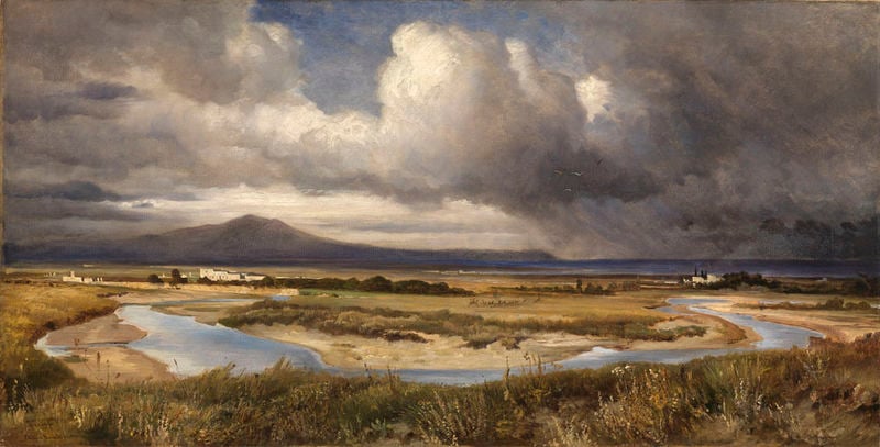 Blick auf den Campo d'Annibale bei Cannae. by Edmund Friedrich Kanoldt. 1880. Motifs recorded: river, clouds, landscape, mountain, grass, water, sky, painting.