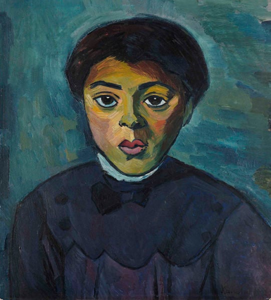Bildnis eines Mädchens. by Alexander Kanoldt. 1911. Motifs recorded: blau, augen, mund, junge, gemälde, porträt, kragen, mädchen.