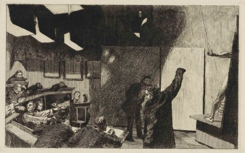 Aktsaal der Kunstgewerbe-Schule. by Max Klinger. 1881. Motifs recorded: schüler, lehrer, zeichnung, männer, schwarz, schatten, licht, menschen.