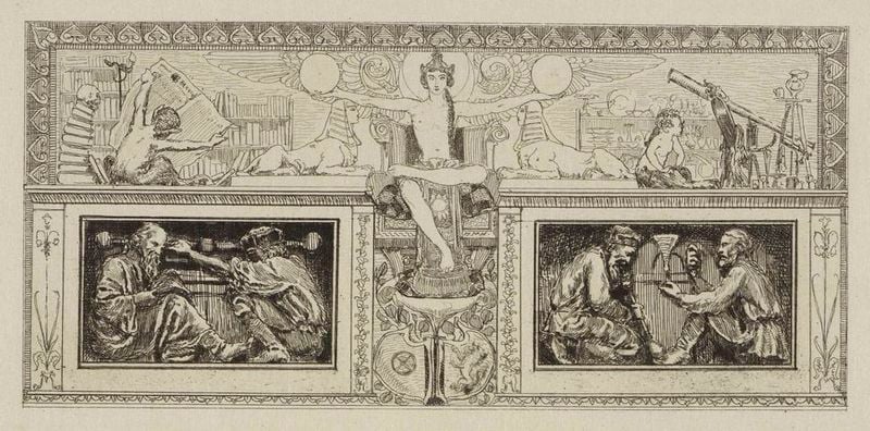 Zwei Fassadenreliefs. by Max Klinger. 1881. Motifs recorded: sphinx, zeitung, fernrohr, männer, zeichnung, bücher, flügel, jugendstil.