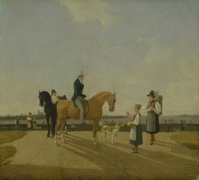 Zwei Reiter und zwei Blumenmädchen. by Wilhelm Kobell. 1826. Motifs recorded: hund, reiter, pferd, pferde, mädchen, frau, himmel, hut.
