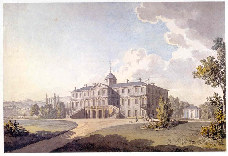 Blick von Norden auf Schloss Favorite bei Rastatt. by Karl Kuntz. 1804. Motifs recorded: schloss, wolken, turm, park, bäume, treppe, himmel, menschen.