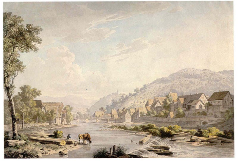Blick auf Gernsbach. by Karl Kuntz. 1803. Motifs recorded: fluss, brücke, landschaft, wolken, stadt, häuser, baum, himmel.