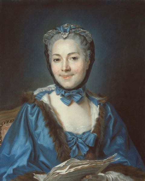 Bildnis Marguerite Le Comte. by Quentin de La Tour. 1752. Motifs recorded: frau, blau, pelz, portrait, porträt, schleife, lächeln, noten.