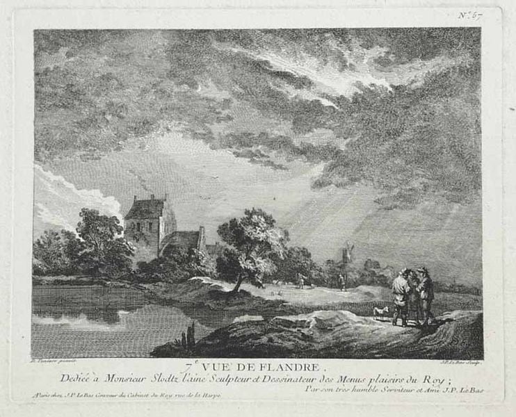 7e vue de Flandre. by Jacques-Philippe Lebas. 1750. Motifs recorded: wolken, haus, hund, himmel, see, baum, männer, flandern.