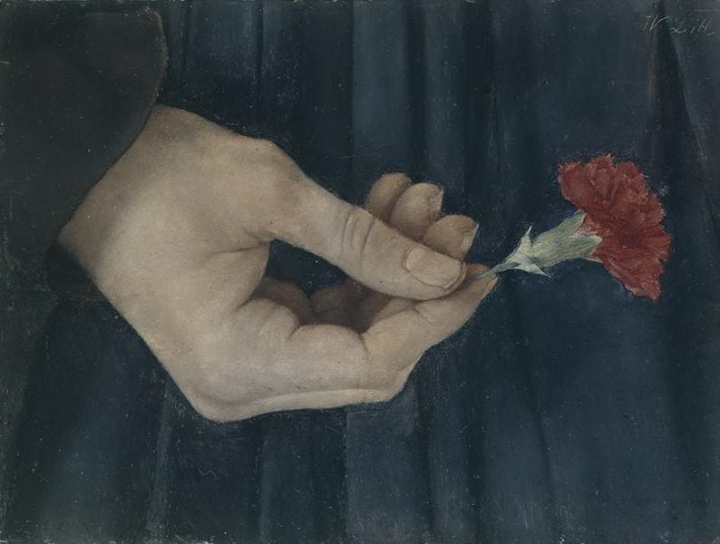 Rechte Hand des ""Mädchens mit der Nelke"". by Wilhelm Maria Hubertus Leibl. 1880. Motifs recorded: hand, rot, nelke, finger, blau, blume, daumen, falten.