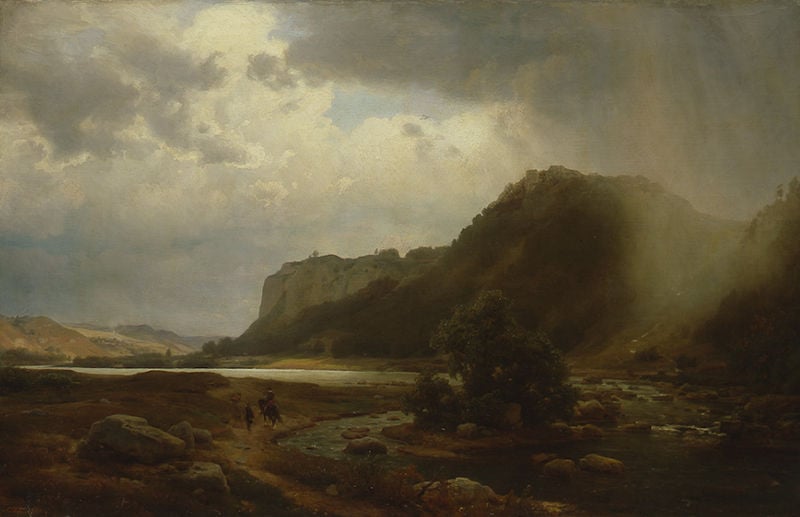 Flußlandschaft. by Carl Friedrich Lessing. 1869. Motifs recorded: clouds, river, mountain, sky, horse, rocks, landscape, water.