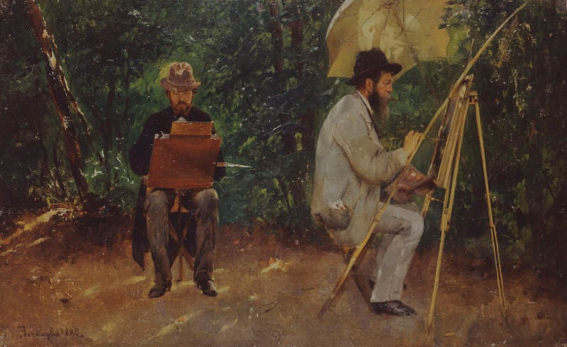 Edmund Kanoldt und Emil Lugo, im Freien malend. by Emil Lugo. 1880. Motifs recorded: umbrella, painting, easel, trees, hats, men, artist, hat.
