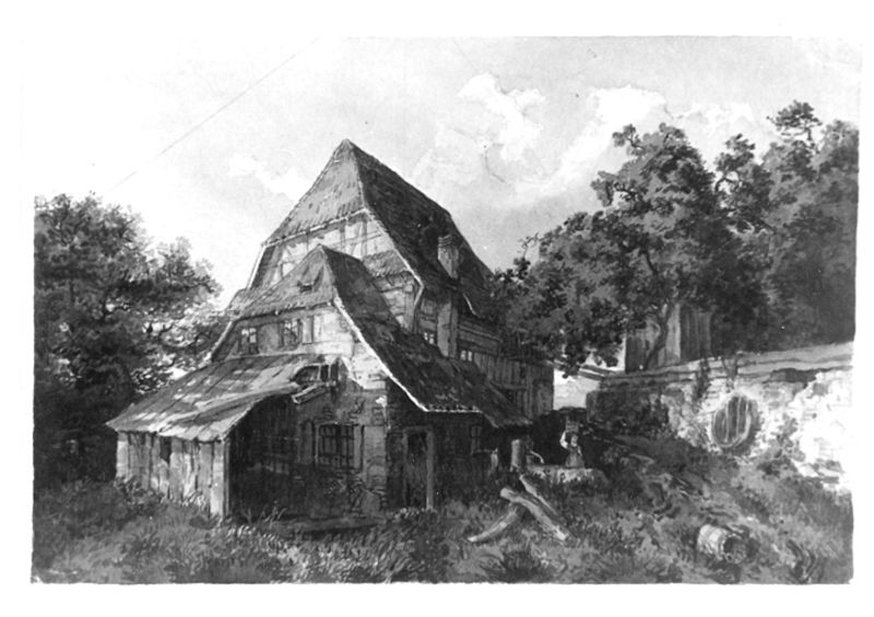 Bauernhaus mit Brunnen. by Emil Lugo. 1856–1858. Motifs recorded: haus, mauer, bäume, dach, fachwerk, himmel, wolken, garten.