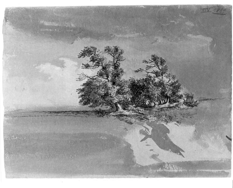 Baumgruppe unter Gewitterhimmel. by Emil Lugo. 1864. Motifs recorded: bäume, baum, zeichnung, wolken, schatten, himmel, grau, wind.