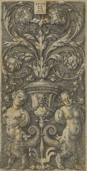 Kandelabergroteske. by Heinrich Aldegrever. 1553. Motifs recorded: satyrn, vase, stich, grafik, putti, graphik, groteske, fuß.
