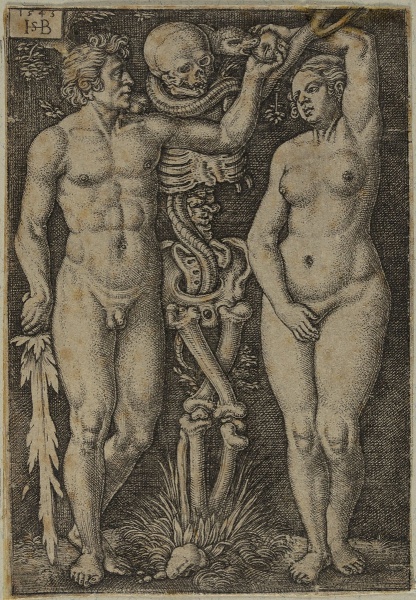 Adam und Eva. by Hans Sebald Beham. 1543. Motifs recorded: frauenakt, genesis, frau, symbole, grafik, graphik, todes, woman.
