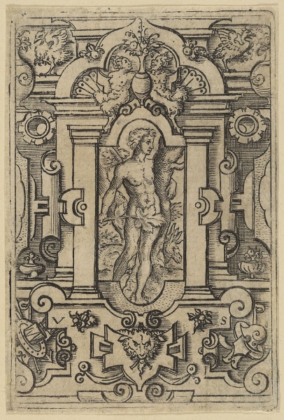 Adam, Blatt aus der Folge Gottvater, Adam und Eva mit reicher Rahmung. by Virgil Solis. 1550–1562. Motifs recorded: wings, grafik, graphik, columns, säulen, engraving, Mythological symbolism, Architectural ornamentation.