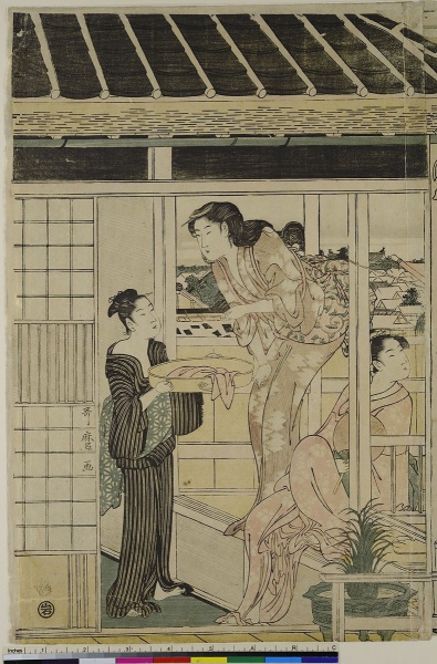 Untitled work. by Kitagawa Utamaro. 1780–1806. Motifs recorded: volcano, farbholzschnitt, frau, three women, alte stadtansicht, woman leaning, indoors, druckerzeugnisse.