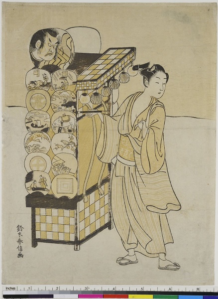 Untitled work. by Suzuki Harunobu. 1767. Motifs recorded: farbholzschnitt, woman, kimono, profile view, druckerzeugnisse, straßenhändler, verkäufer, fächer.