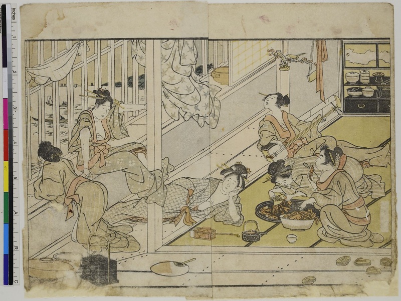 Blatt aus: Holzschnittbuch über zeitgenössische Kleidung. by Utagawa Toyokuni I.. 1802. Motifs recorded: Tatami mats, farbholzschnitt, fenster, music, kutter, essen, gardinen, interior.
