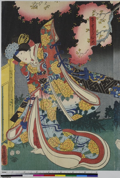 Die Schauspieler Nakamura Shibajaku I als der Diener Yodohei, Kataoka Gado II als Seigen Doshin und Iwai Kumesaburo III als Sakurahime. by Utagawa Kunisada. 1855. Motifs recorded: Reflection of social and cultural values, elegance, farbholzschnitt, schauspielerin, celebration, woman, Artistic expression of traditional aesthetics, kimono.