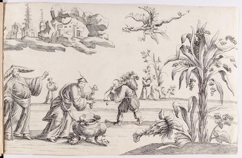 Chinadarstellung. by Martin Engelbrecht. 1740–1756. Motifs recorded: druckgrafik, graphik, grafik, weintraube, druckgraphik, hüte, monster, männer.