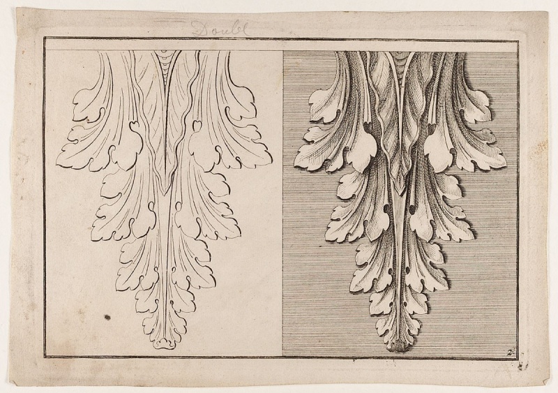 Akanthusblätter, Blatt 2 aus der Folge 'Gründliche Anweisung wie ein sauber Laub mit seinen Eintheilungen solle entworffen... werden... gezeichnet von Johann Leonhard Eisler'. by Johann Leonhard Eisler. 1720. Motifs recorded: kerben, grafik, graphik, akanthus, engraving, druckerzeugnisse, architectural detail, ornamentstich.