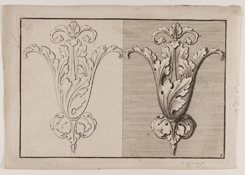 Akanthusblätter, Blatt 4 aus der Folge 'Gründliche Anweisung wie ein sauber Laub mit seinen Eintheilungen solle entworffen... werden... gezeichnet von Johann Leonhard Eisler'. by Johann Leonhard Eisler. 1720. Motifs recorded: grafik, graphik, Two-part illustration, akanthus, symmetry, engraving, druckerzeugnisse, floral motif.
