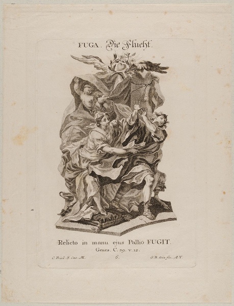 1. Buch Mose/Genesis - Die Flucht. by Gottfried Bernhard Göz. 1750–1760. Motifs recorded: genesis, verfolgen, wegrennen, grafik, graphik, rocaille, kartusche, engraving.